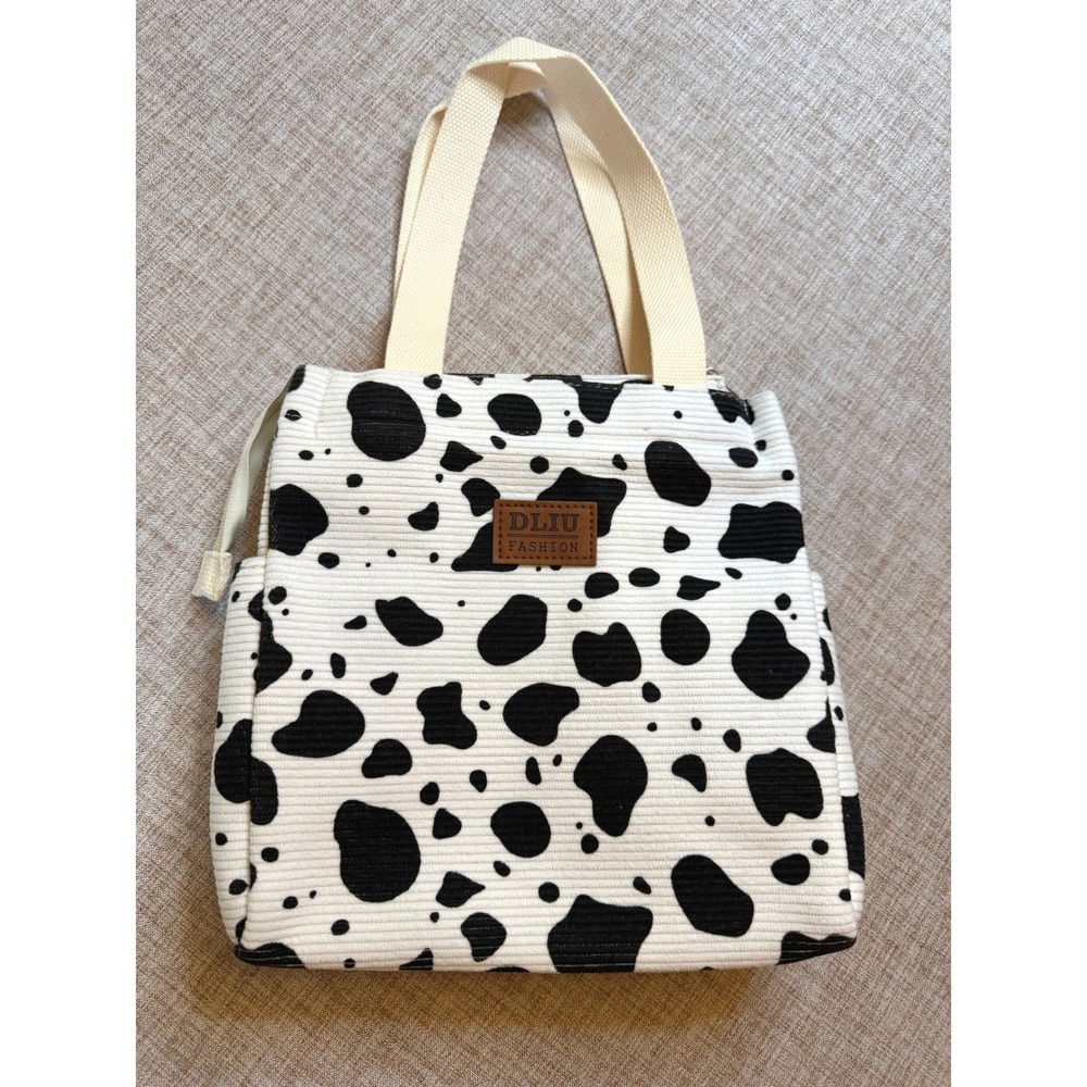 DLIU Fashion Cow Print Corduroy Tote Bag Black White Zip Top Lunch Bag